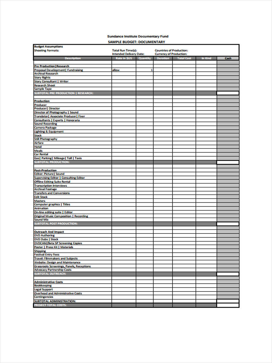 film budget plan template