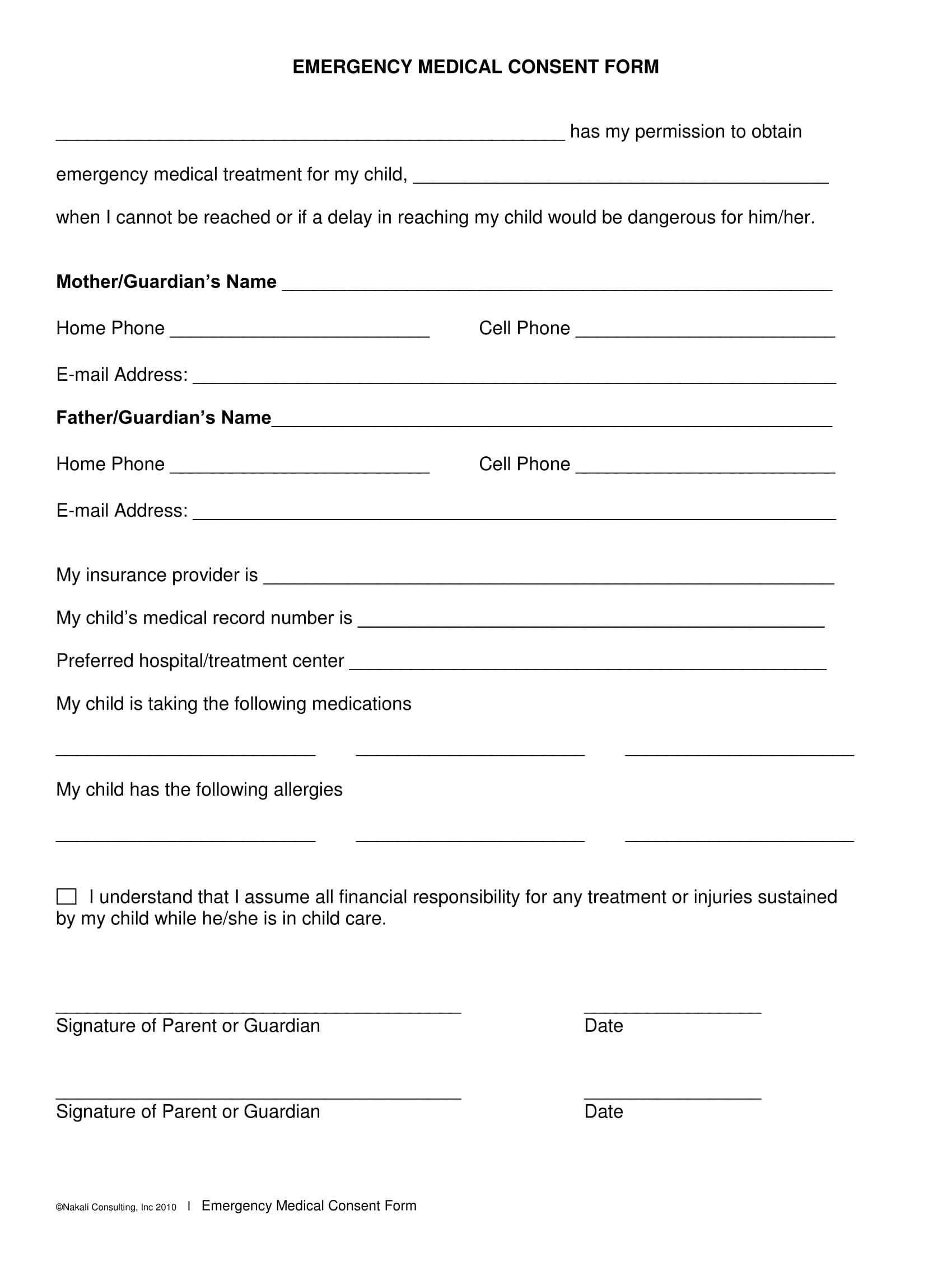 emergency medical consent form for child 1