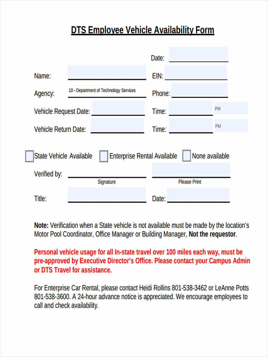 employee vehicle availability form