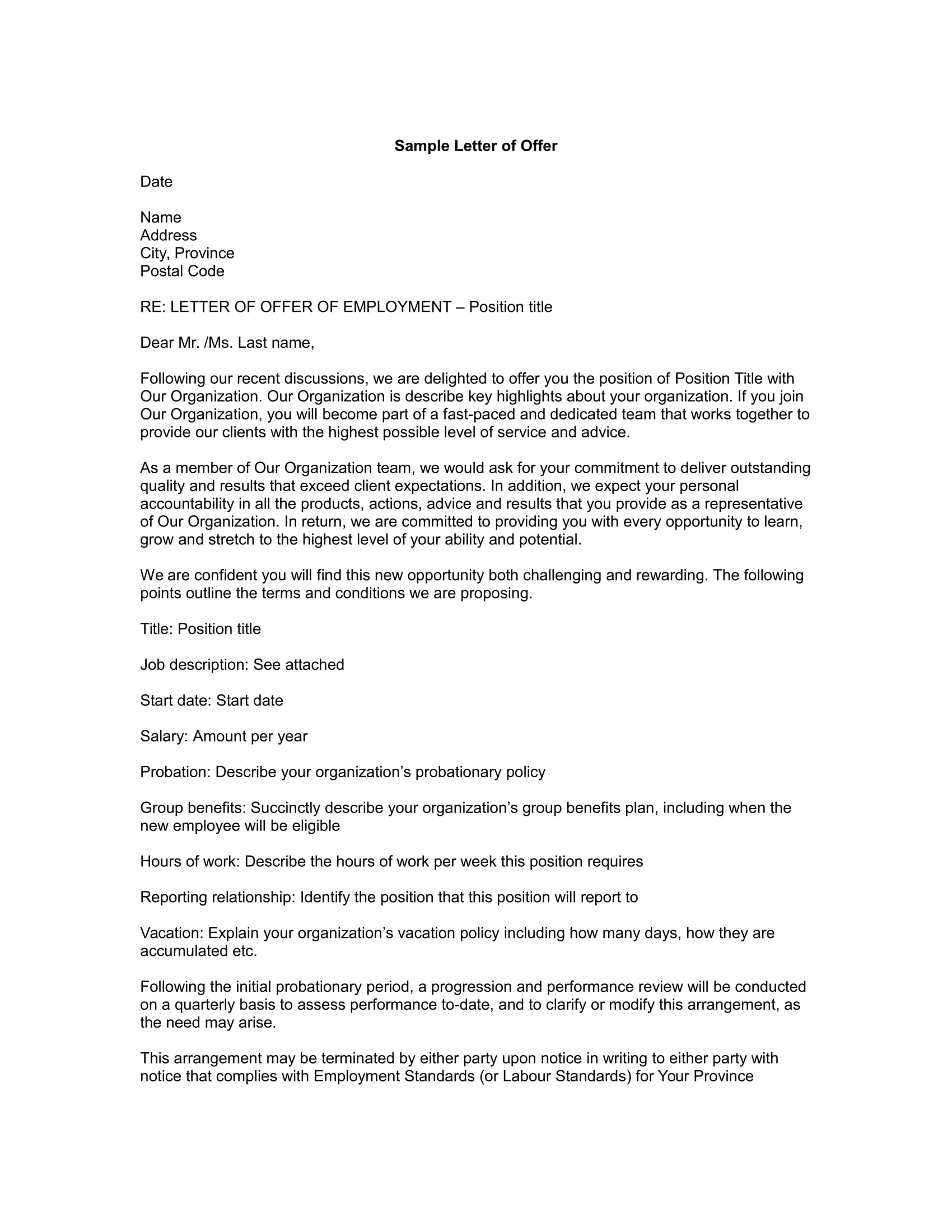 employment offer letter example 1