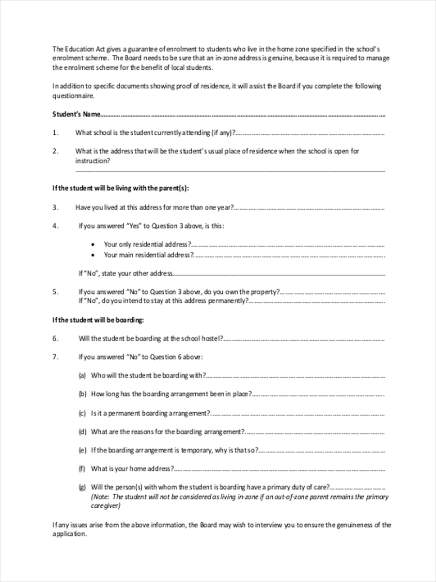 enrolment residence questionnaire
