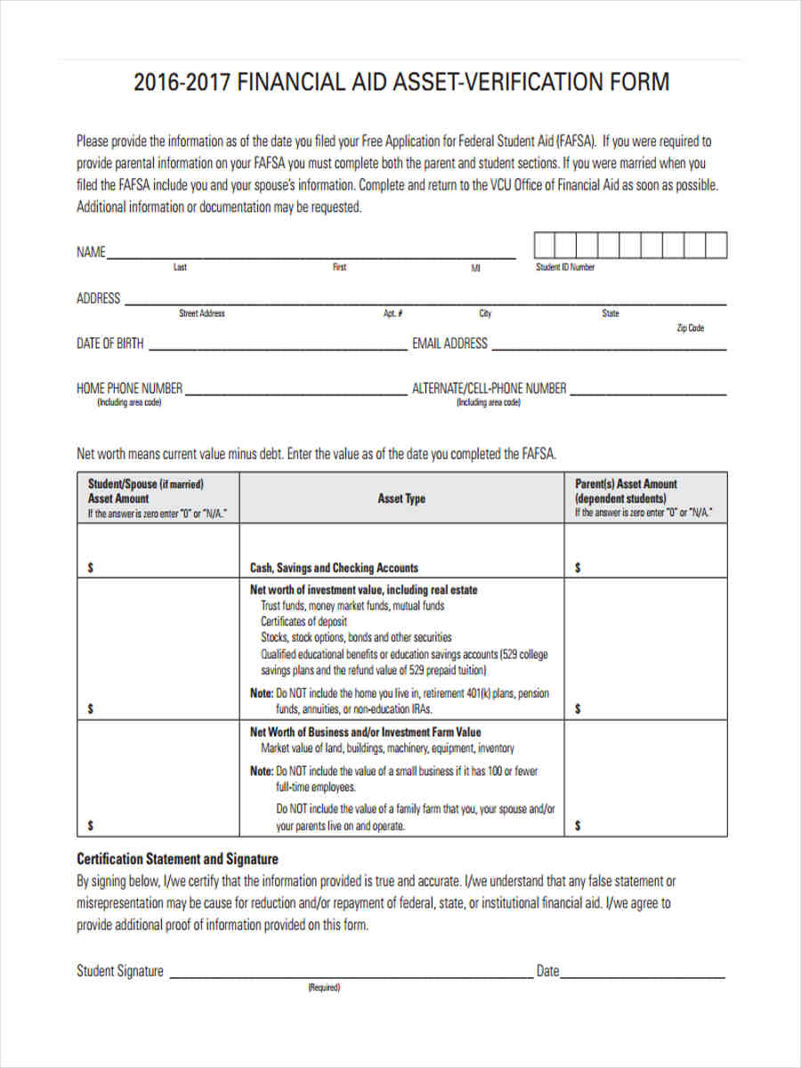 what is a verification worksheet for financial aid