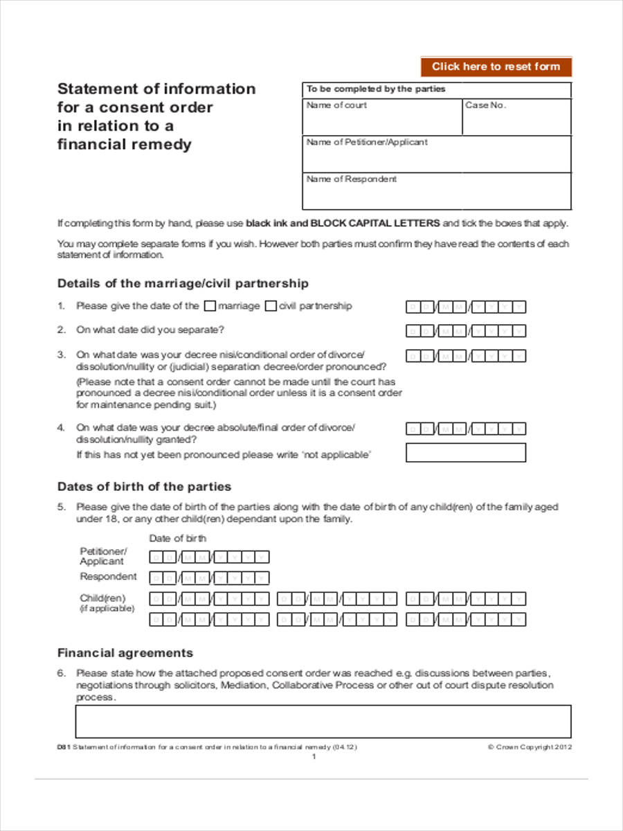 financial consent order form