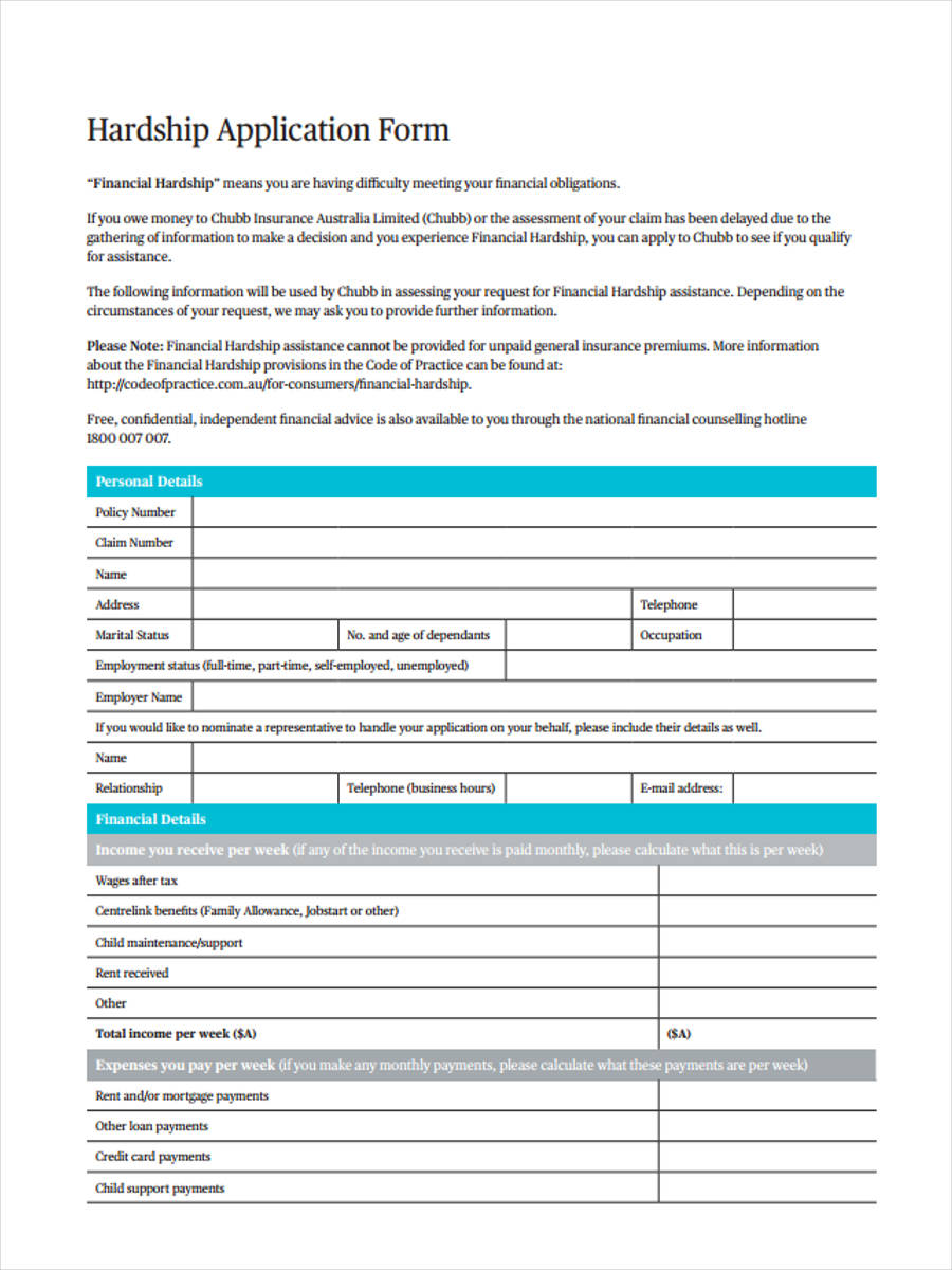 financial hardship application