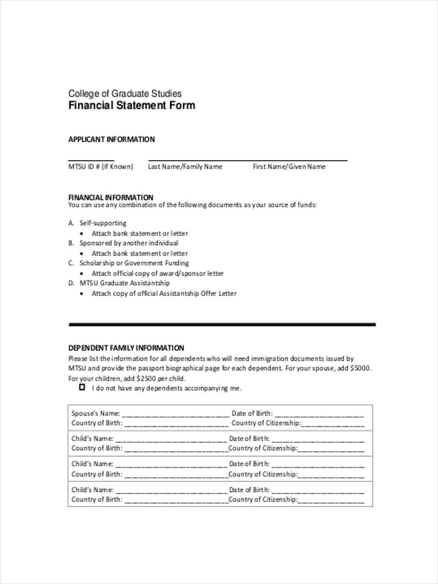 financial statement form for college