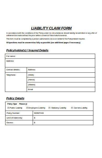 formal liability claim form