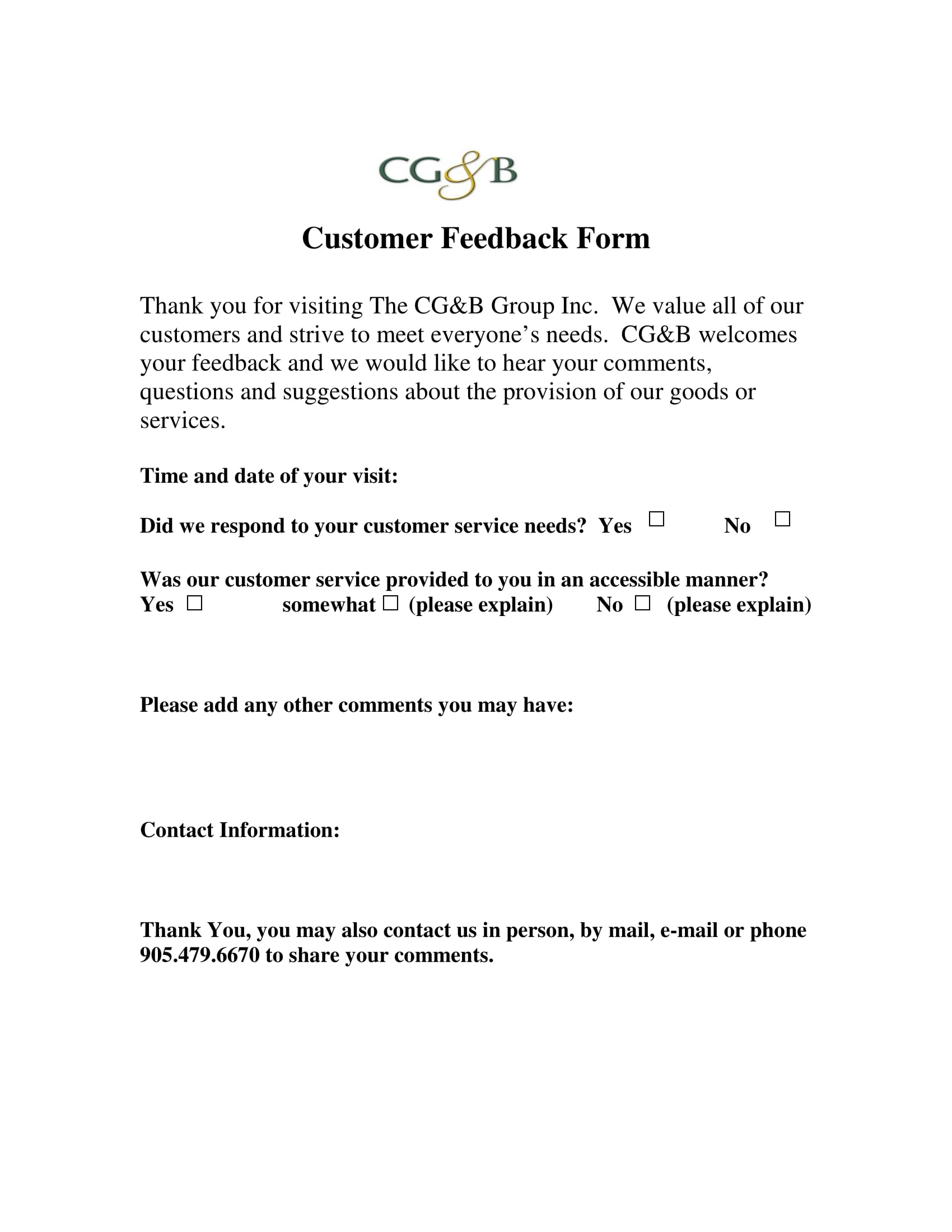 free customer feedback form