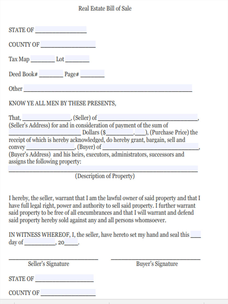 Free 6 Real Estate Bill Of Sale Forms In Pdf