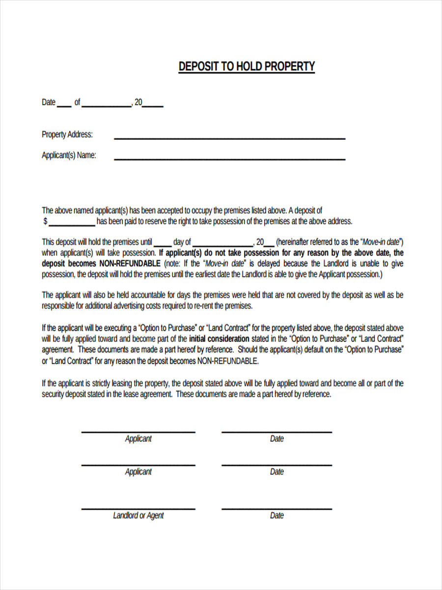 FREE 22+ Rental Deposit Forms in PDF In holding deposit agreement template