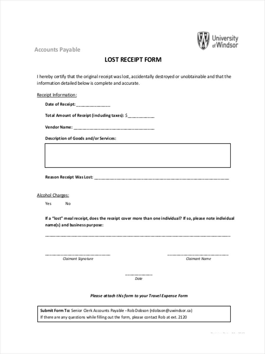 Printable Lost Receipt Form