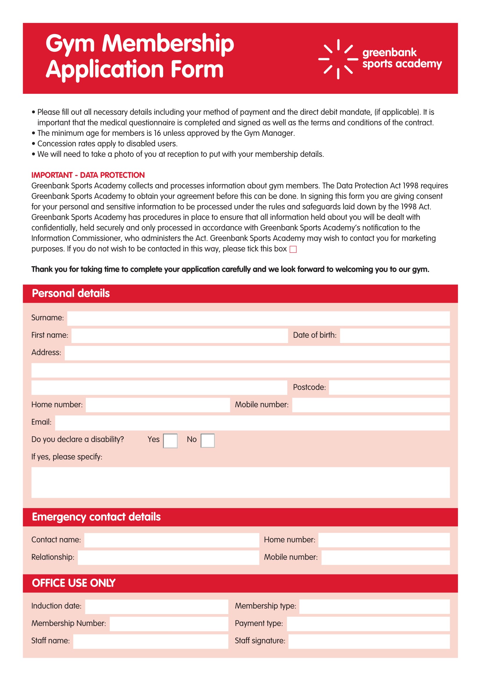 gym membership application form 1