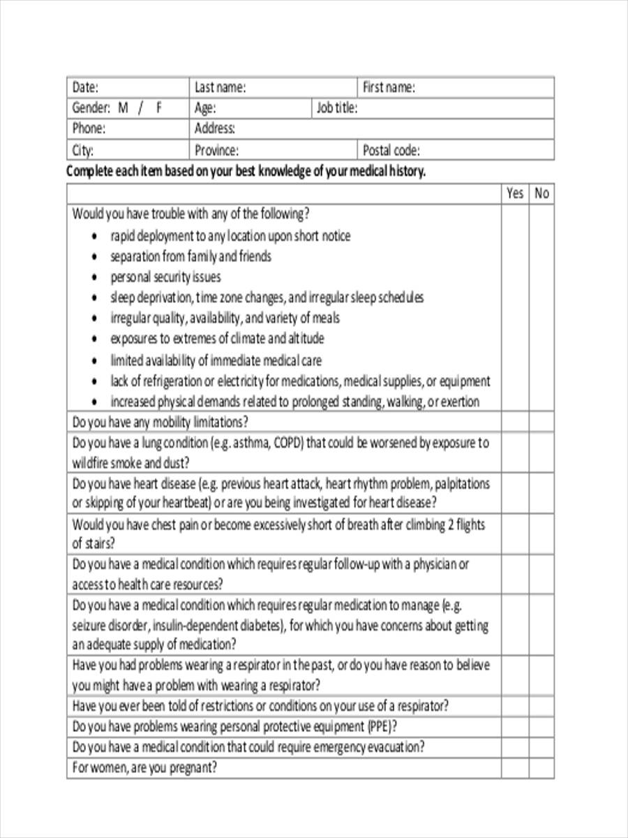 health screening questionnaire form