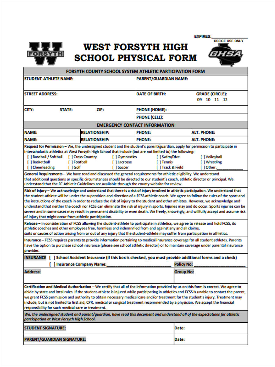 Free 5 School Physical Forms In Pdf 