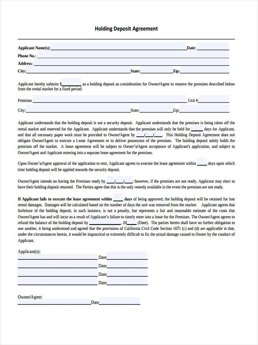 holding deposit agreement form