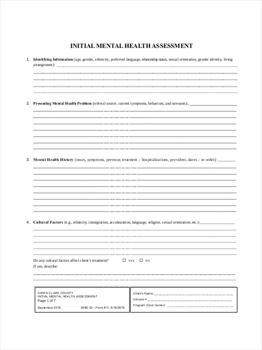 Printable Mental Health Intake Assessment Forms