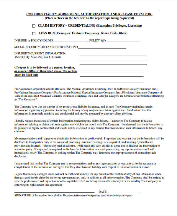 insurance company confidentiality agreement form