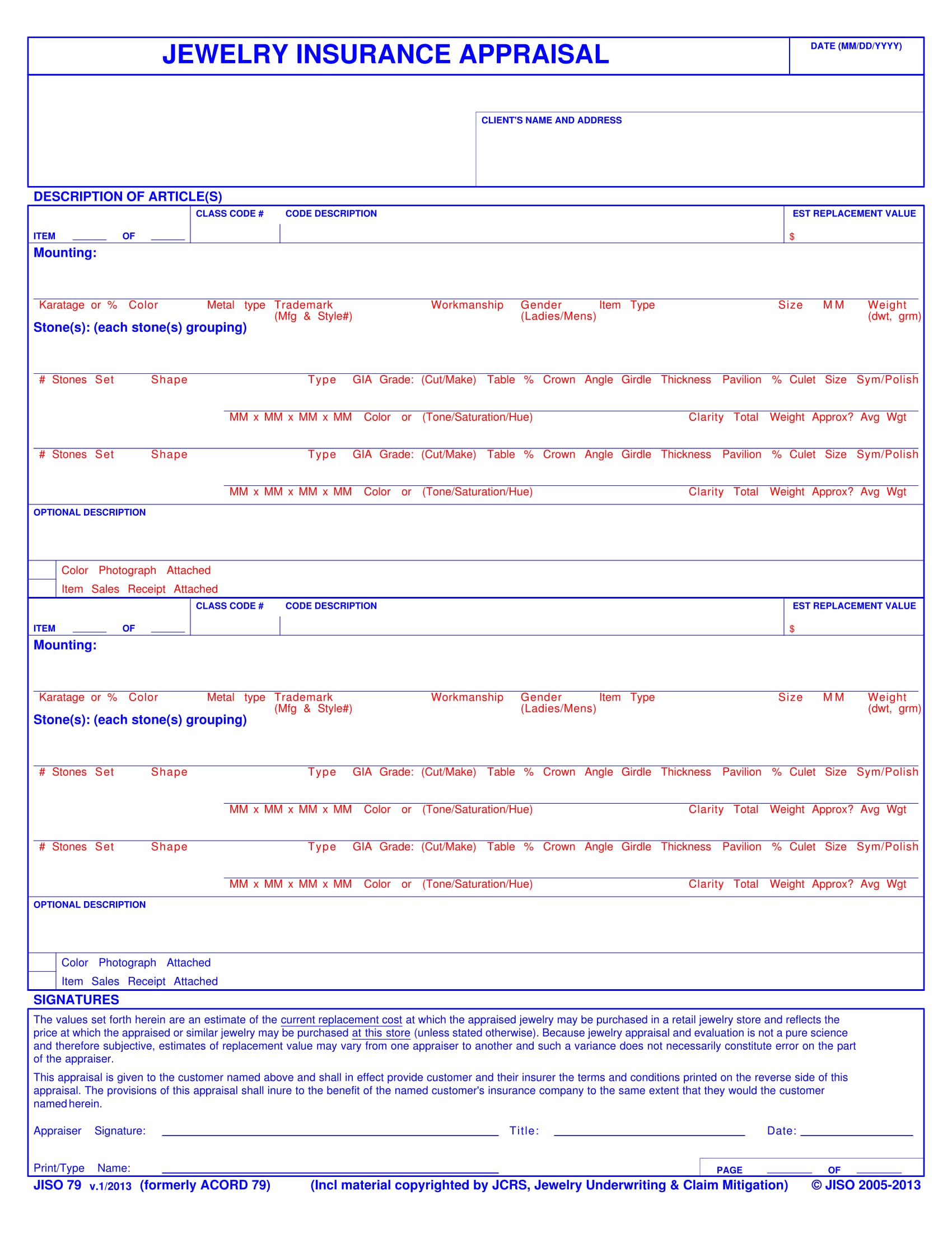 jewelry appraisal form 1