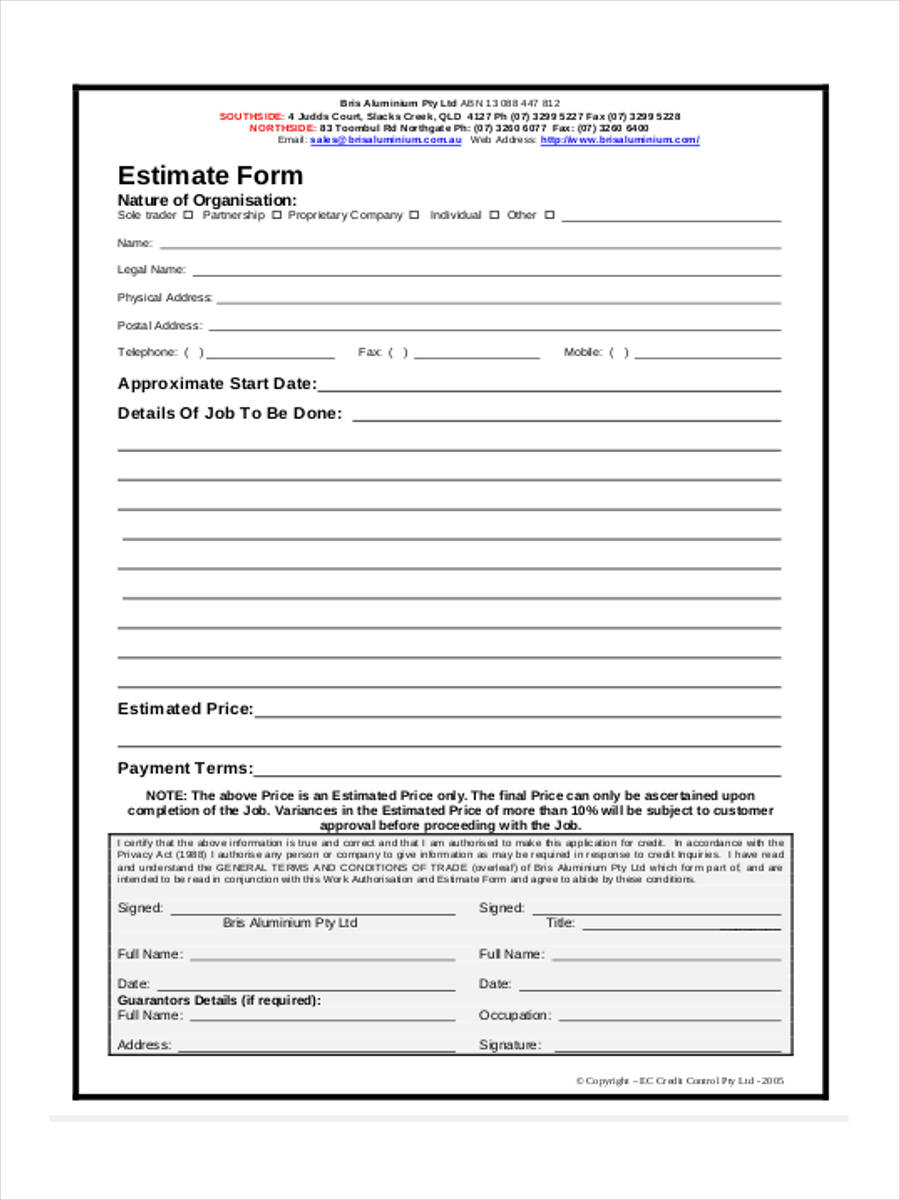 FREE 25+ Sample Estimate Forms in PDF  Ms Word Intended For Blank Estimate Form Template