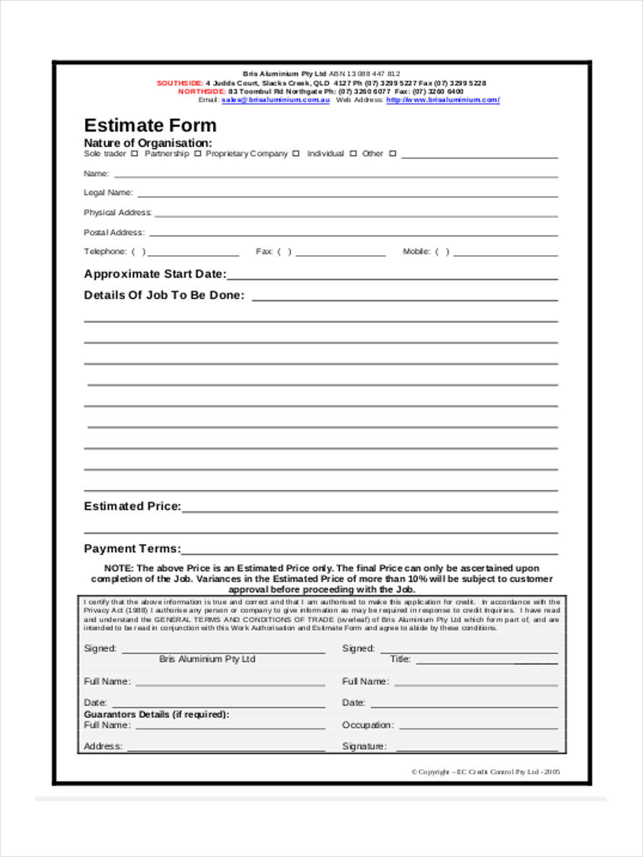 Blank Estimate Form Template The Best Template Example 6749