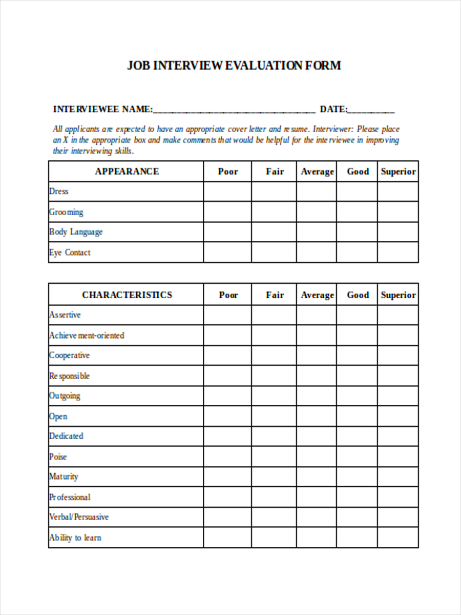 Printable Interview Assessment Form Template Word Example In My