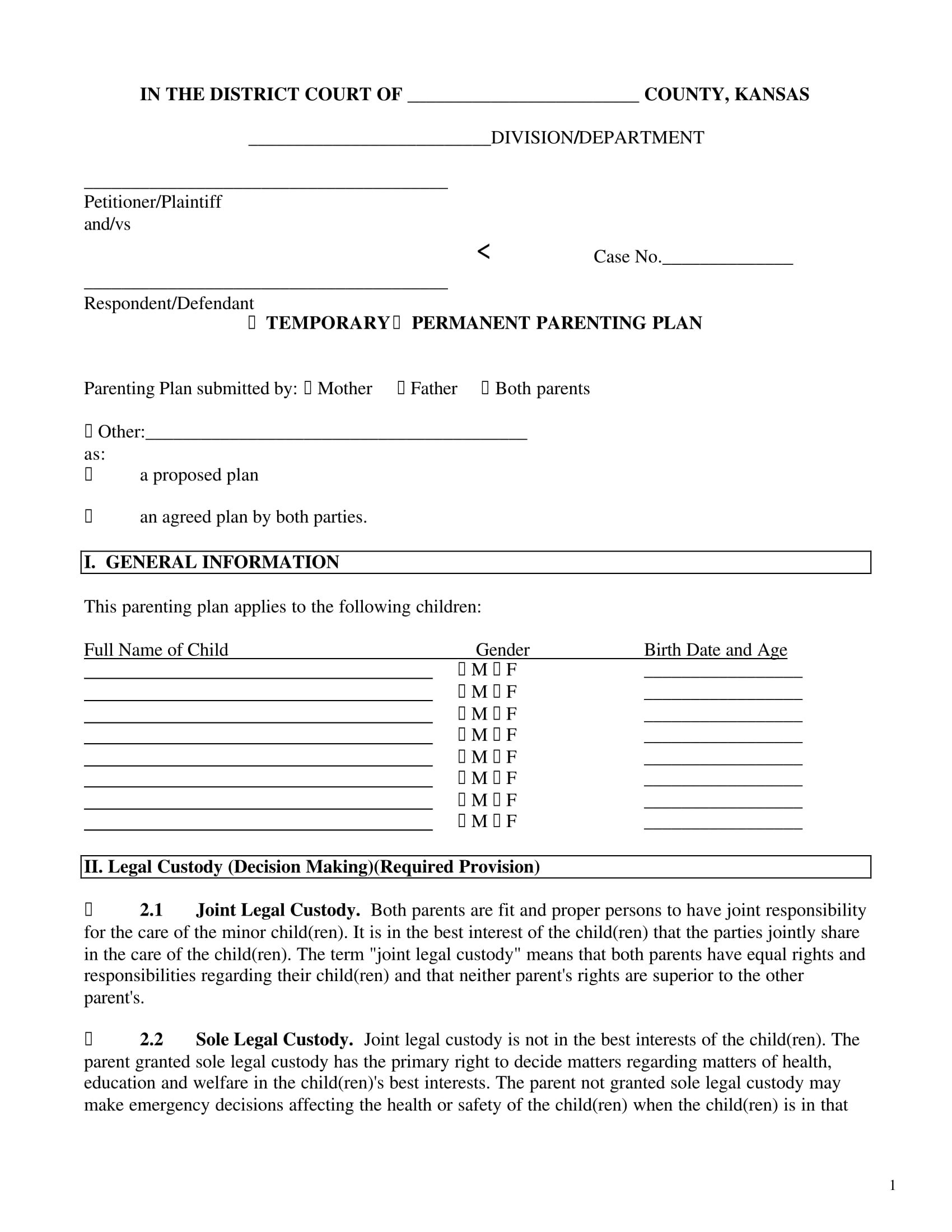 joint custody agreement form 1