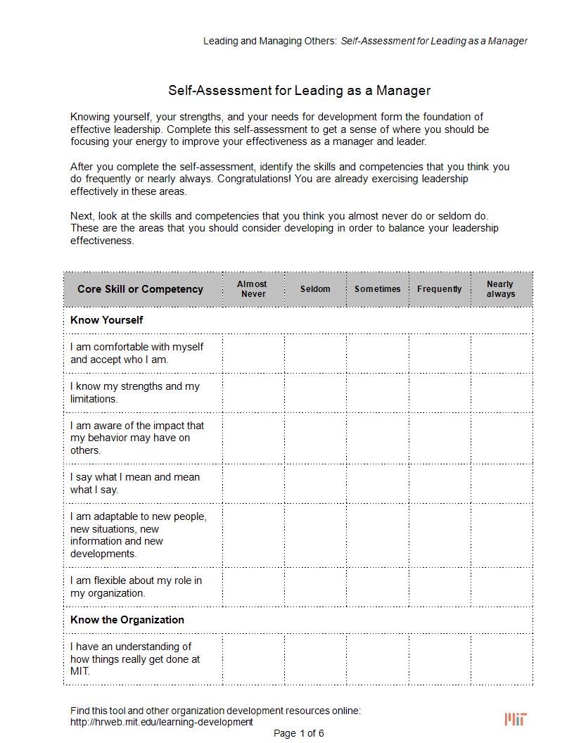 leader self assessment form for managers