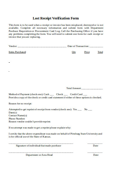 lost receipt verification form