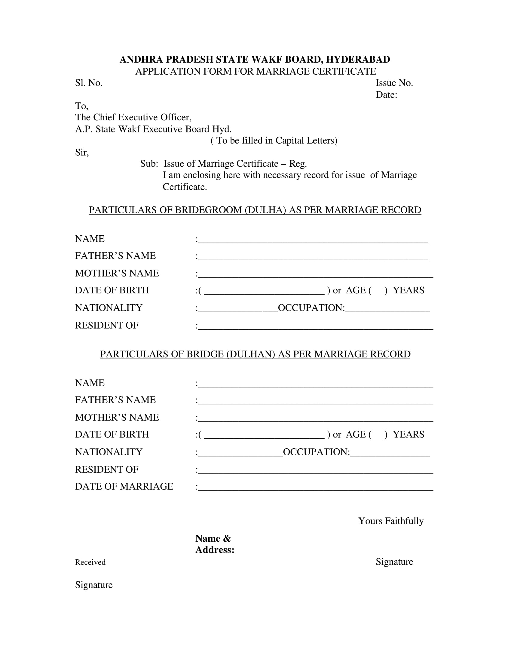 marriage certificate application form 1