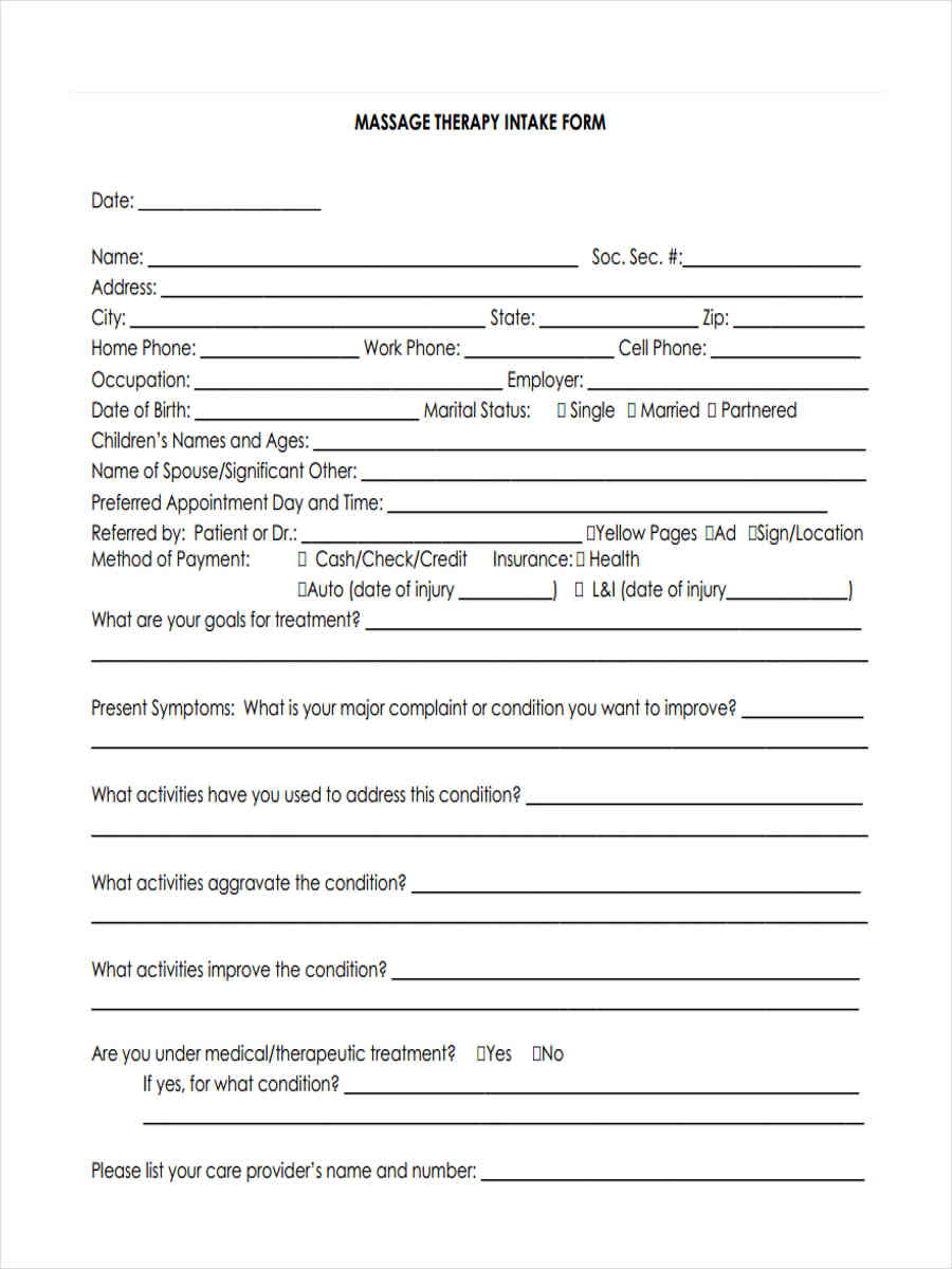 Massage Therapy Intake Form Template Free PDF Template