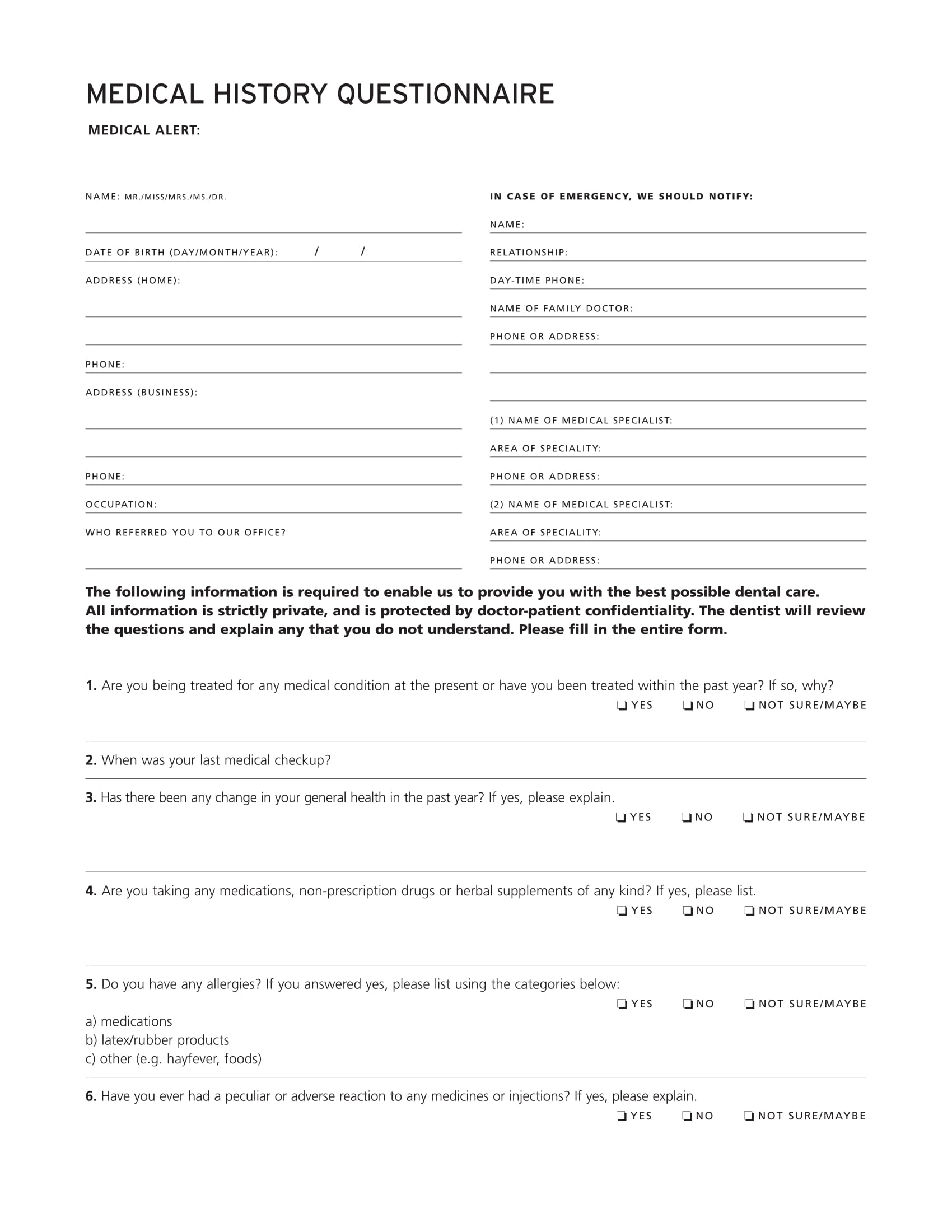 Free 6 Medical History Forms In Pdf Ms Word Excel 5614