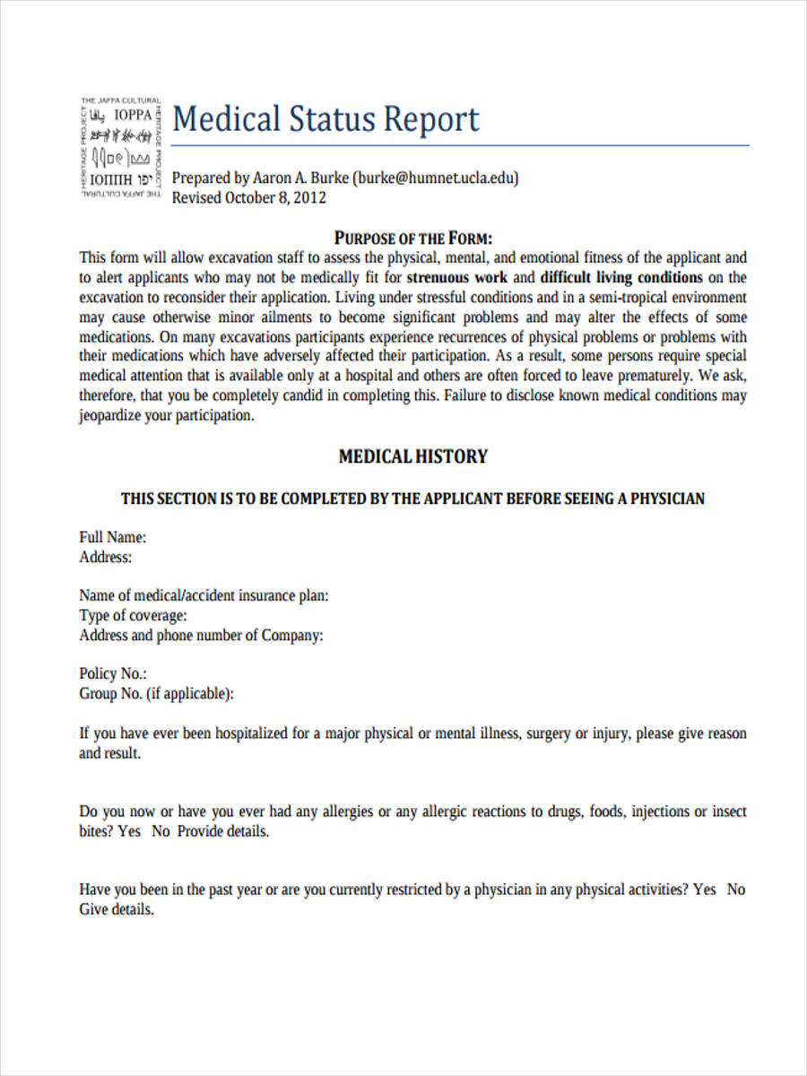 medical status report form template