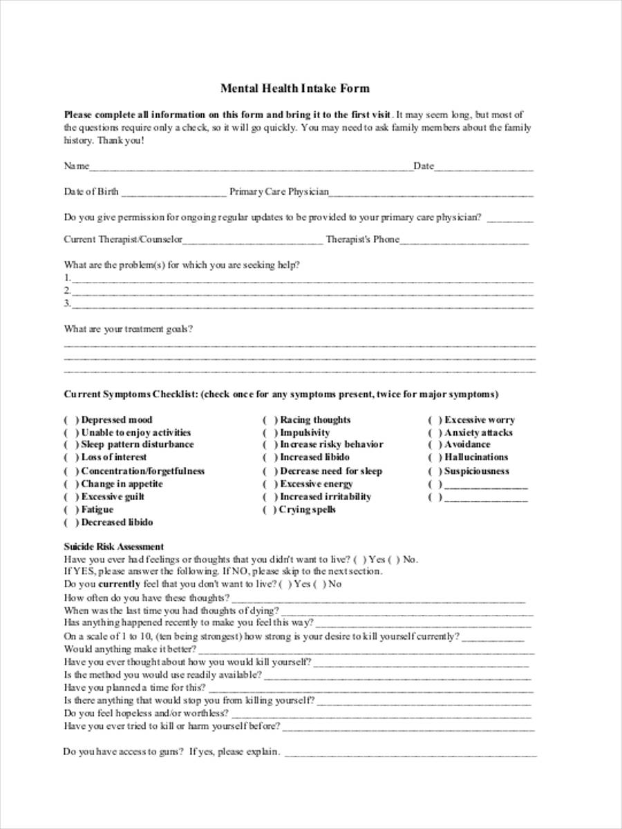 Printable Mental Health Intake Form Template