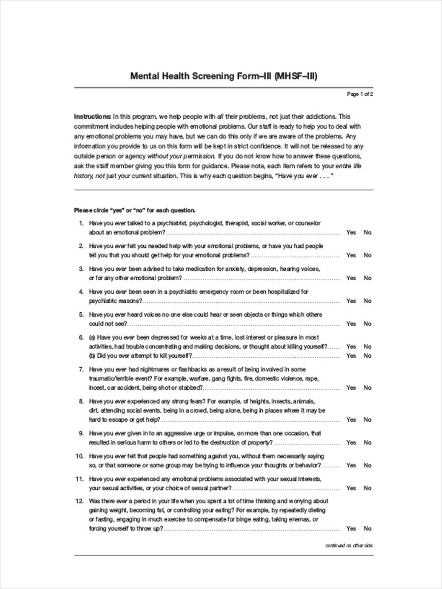 Mental Health Screening Form Pdf