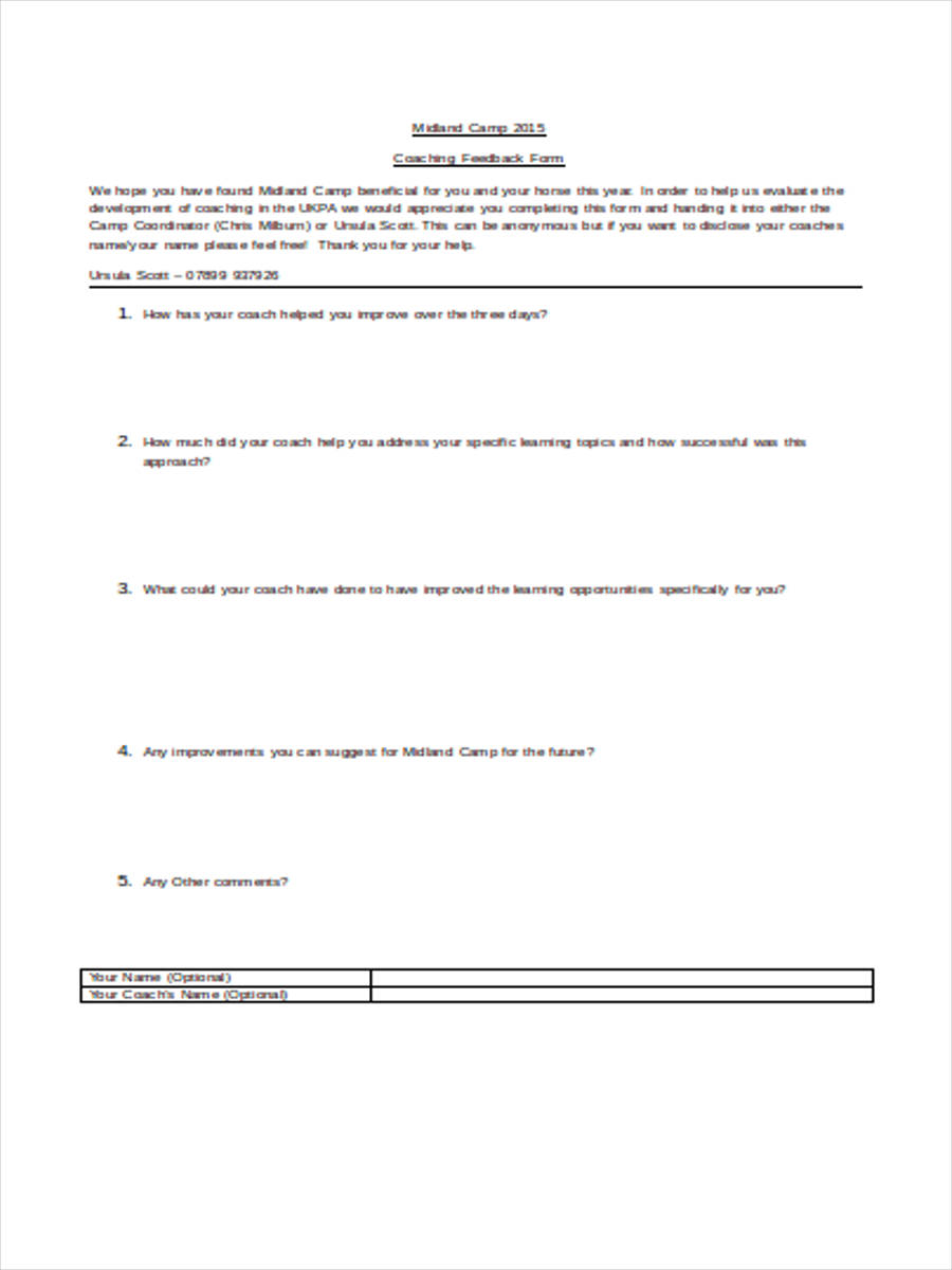 FREE 8 Camp Feedback Forms Samples In MS Word PDF