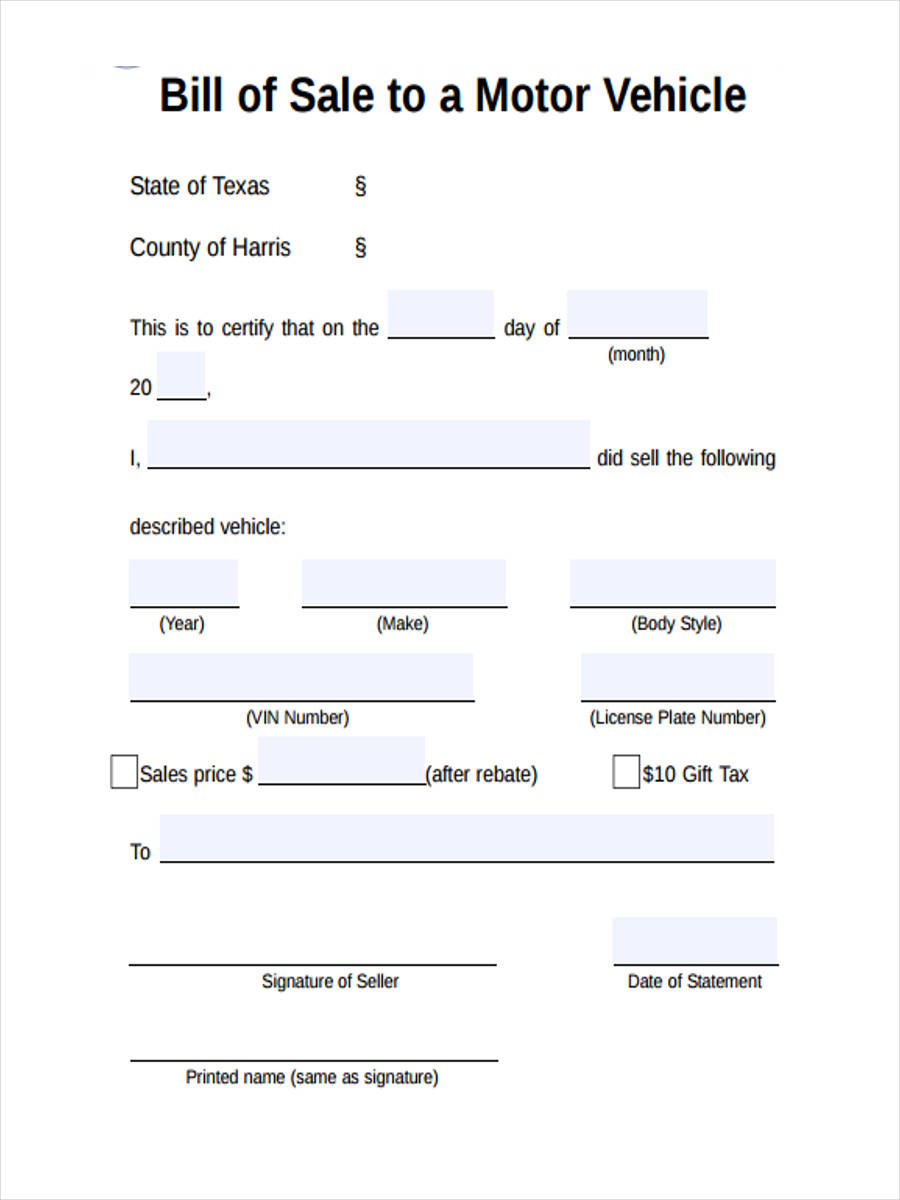 Printable Motor Vehicle Bill Of Sale Ma