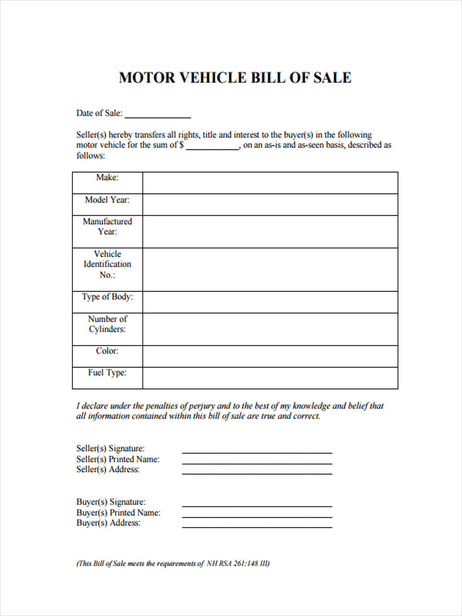 FREE 6+ Motor Bill of Sale Forms in MS Word | PDF