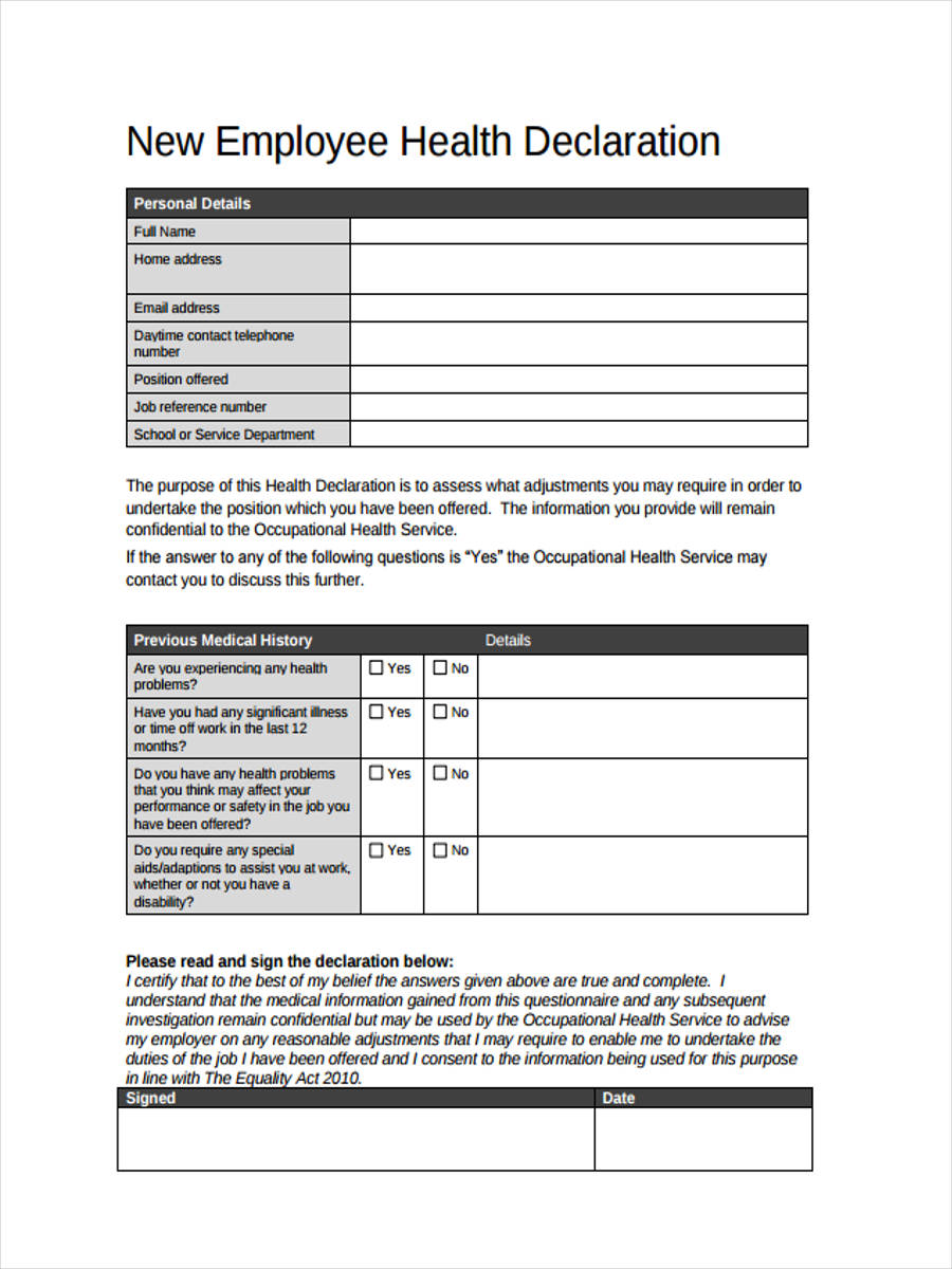 Health Declaration Form Template