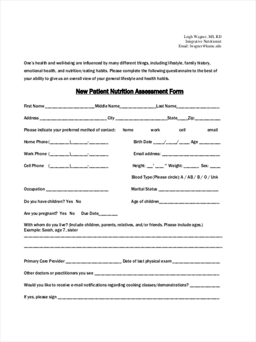 nutrition assessment intake form