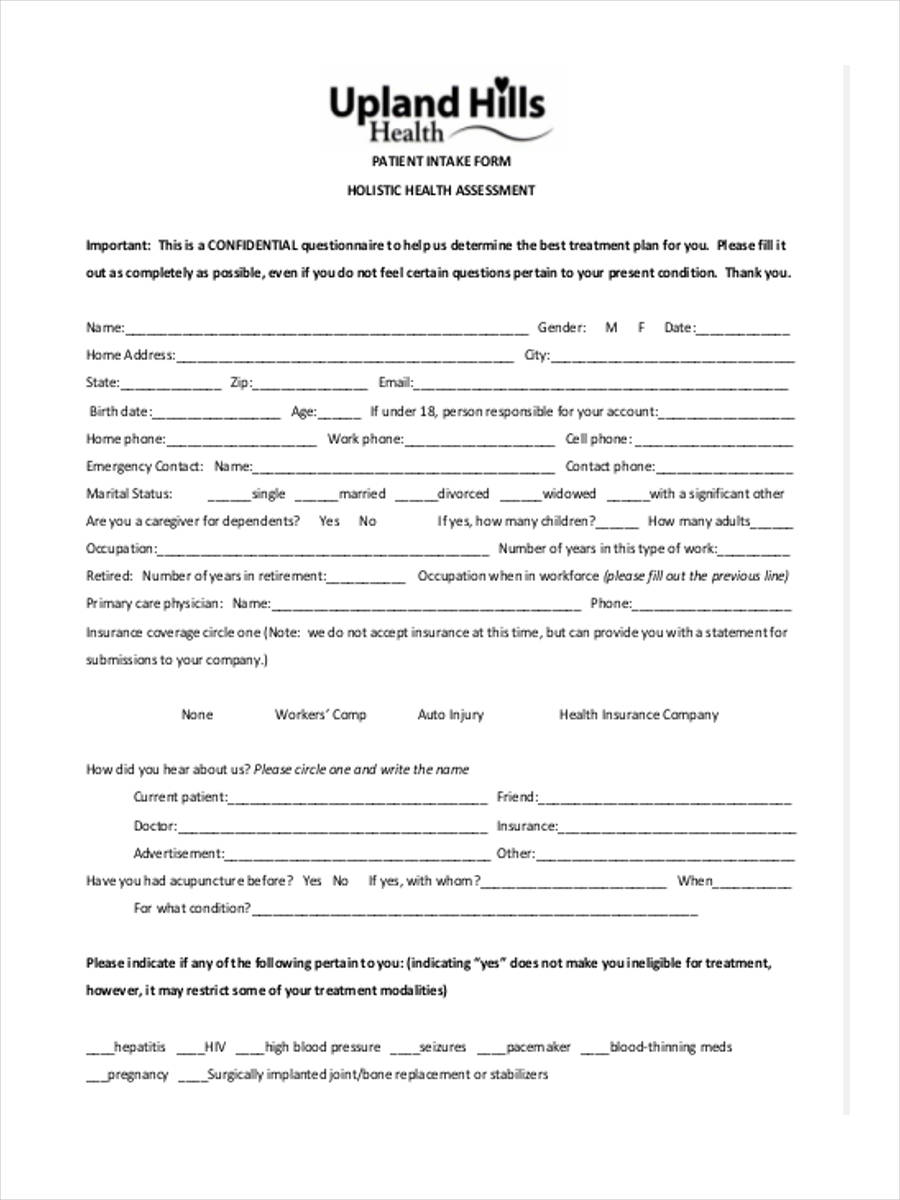 FREE 10 Sample Assessment Intake Forms In MS Word PDF