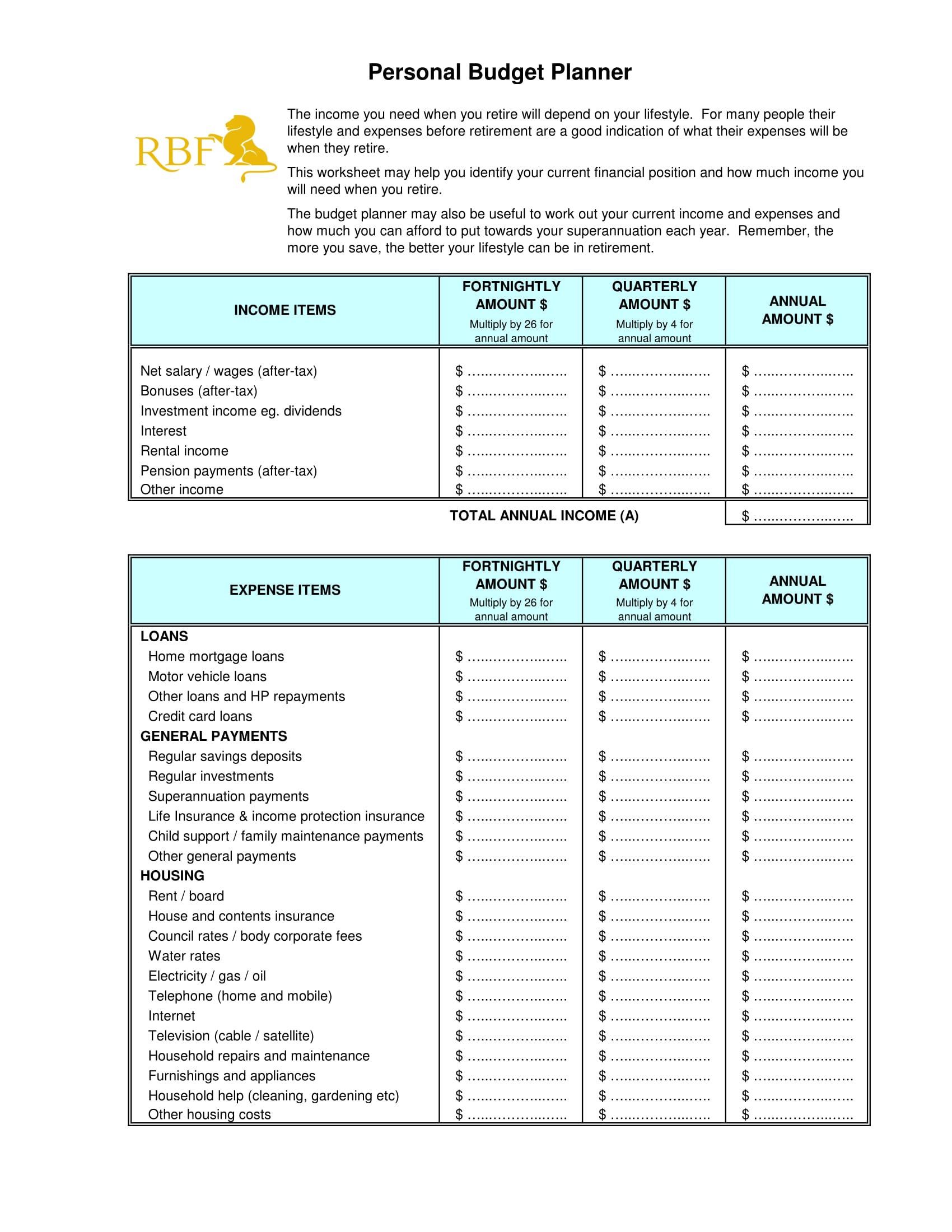 personal budget form sample 1
