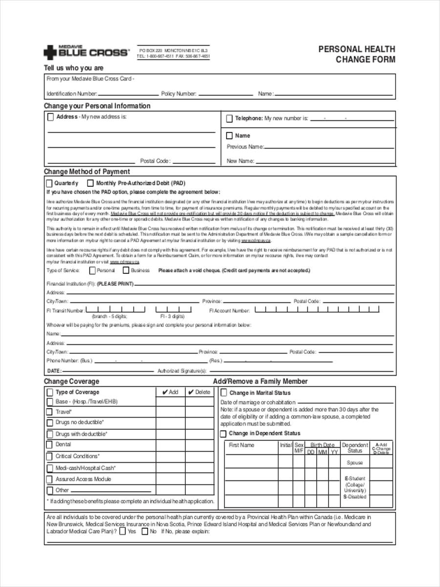personal health change form