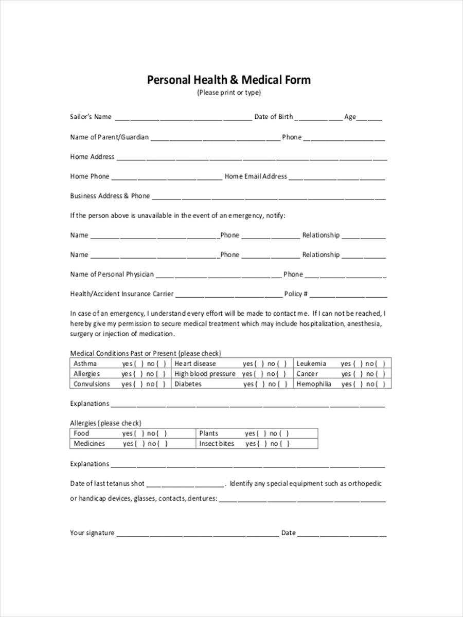 personal health medical form