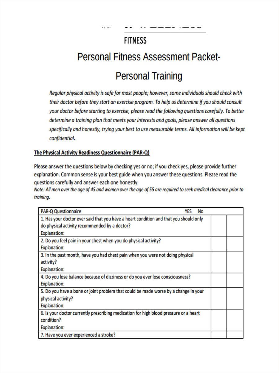 trainers health personal form questionnaire for 4   6 Training Personal   Free Forms Documents Assessment