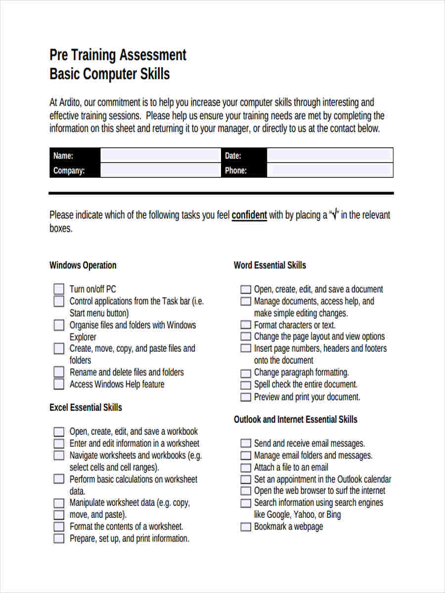 pre training needs assessment form