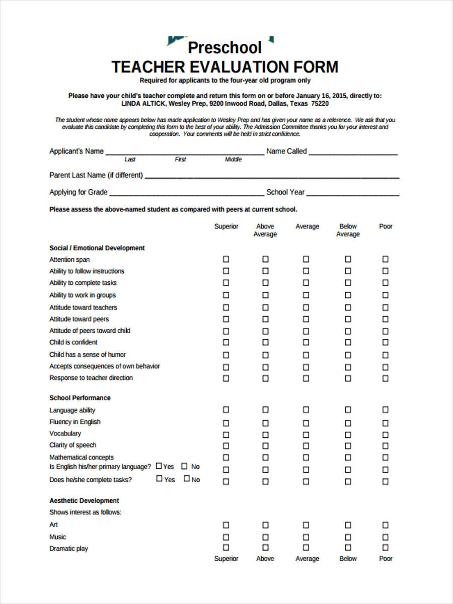 preschool teacher assessment form