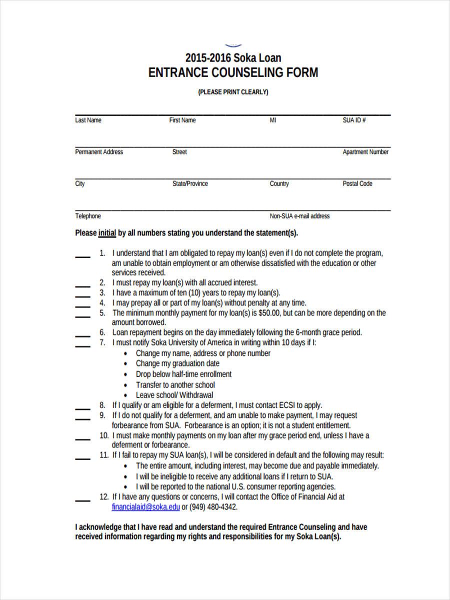FREE 4+ Entrance Counseling Forms in PDF