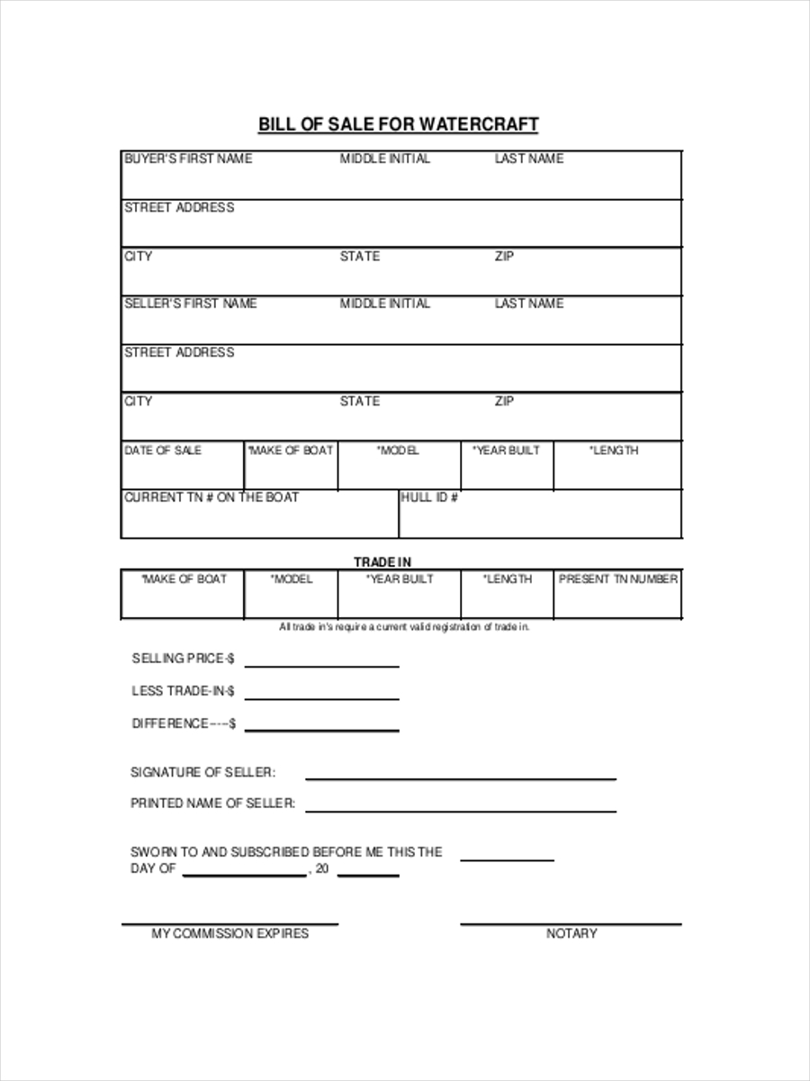 Free Printable Bill Of Sale For Watercraft Printable Templates
