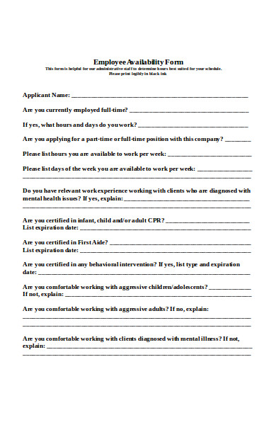 professional employee availability form