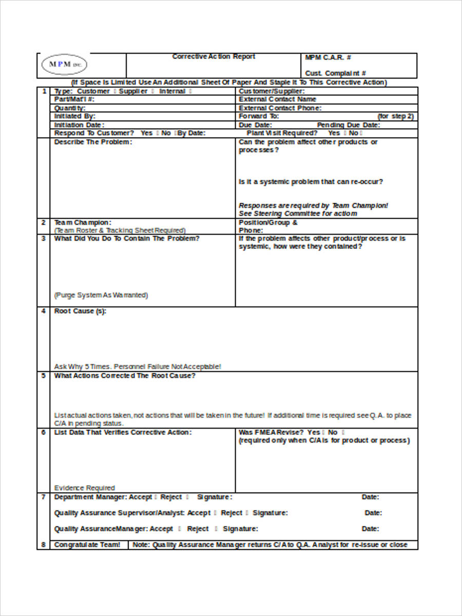 Corrective Action Form Template