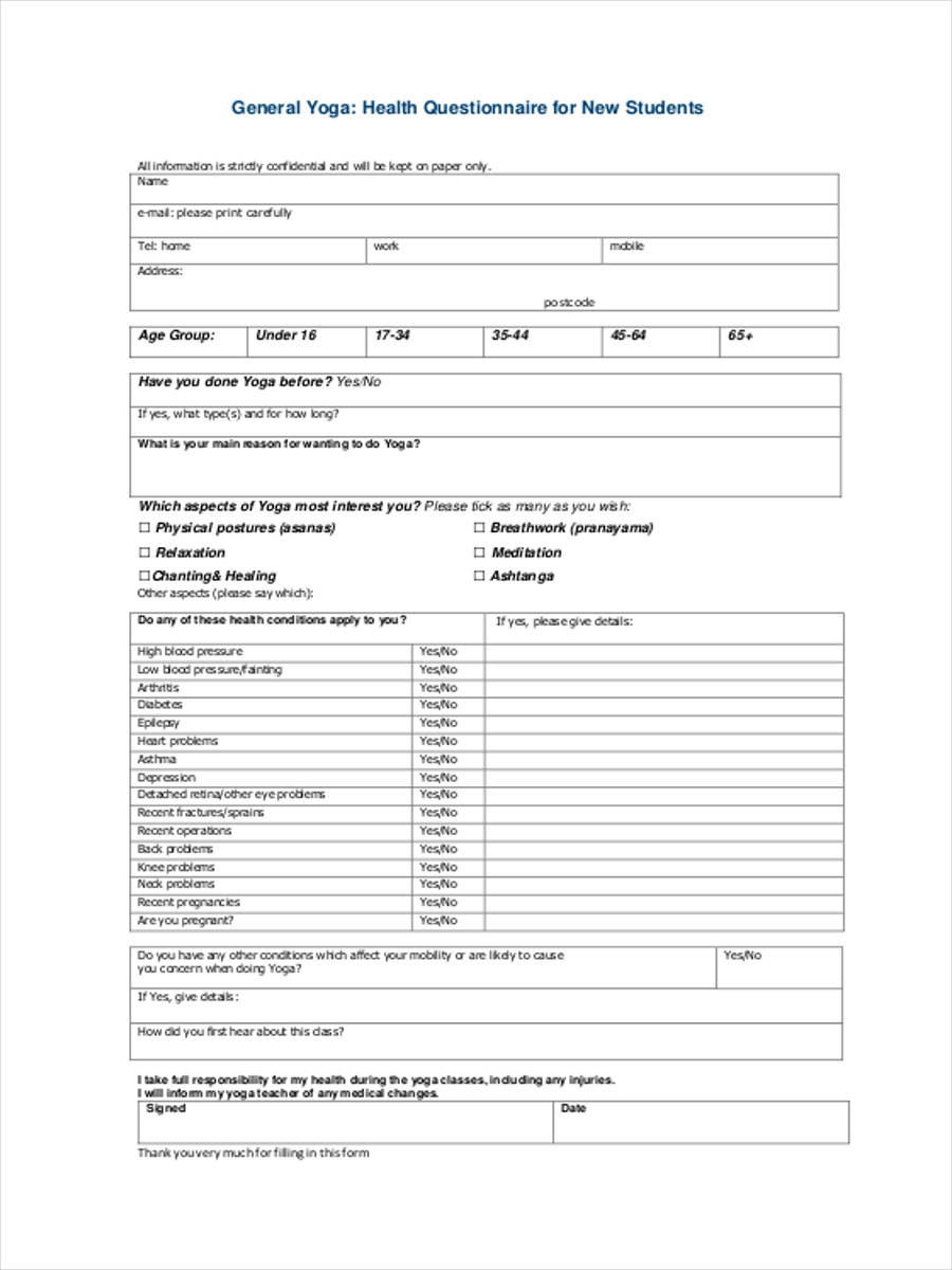 questionnaire form for new students